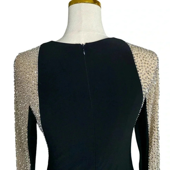 XSCAPE | Crystals Embellished Mesh-Trimmed Sheath Black Evening Dress Size 10 - Picture 11 of 14